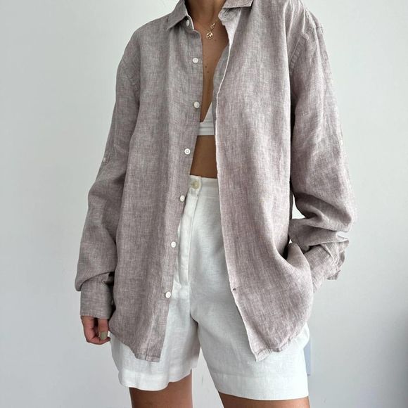 Vintage Tops - Linen Coastal Oversized Neutral Linen Button Down Shirt L